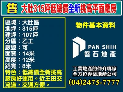 大肚315坪低總價全新挑高平面廠房,台中市大肚區廠房出售