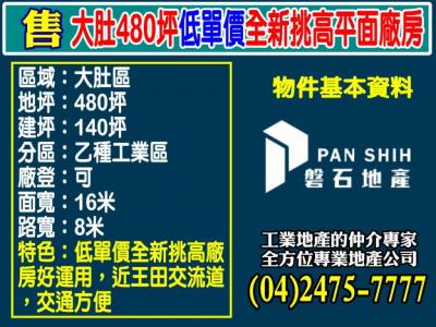 大肚480坪低單價全新挑高平面廠房,台中市大肚區廠房出售