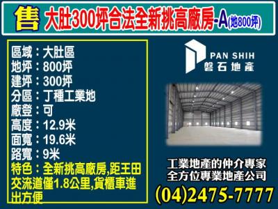 大肚300坪合法全新挑高廠房-A(地839坪),台中市大肚區廠房出售
