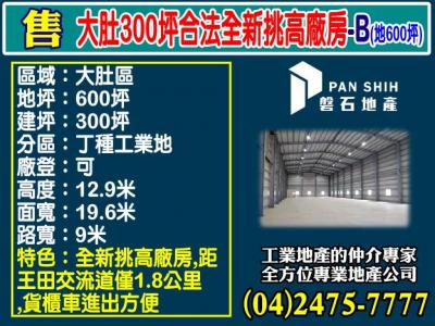 大肚300坪合法全新挑高廠房-B(地600坪),台中市大肚區廠房出售